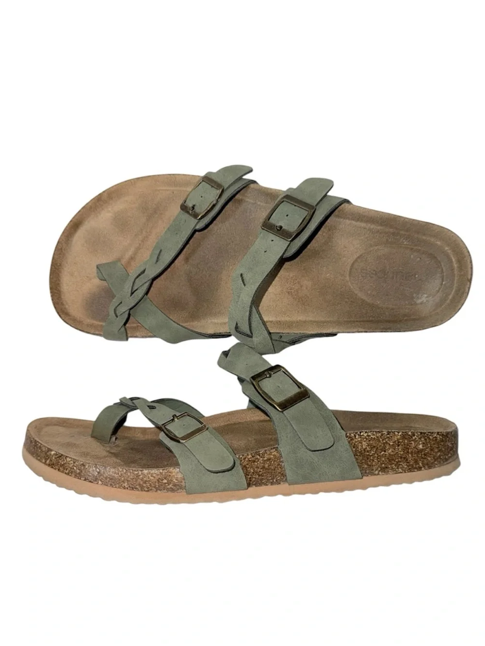 Maurices SuperCush Chloe Braided Cork Footbed Sandals Olive Green Buckle Size 8